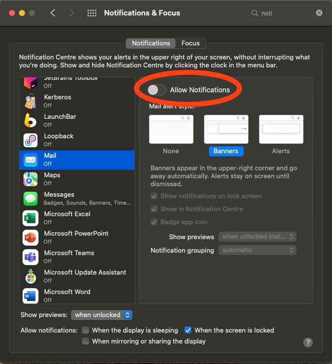 Notifications settings, almost all turned off