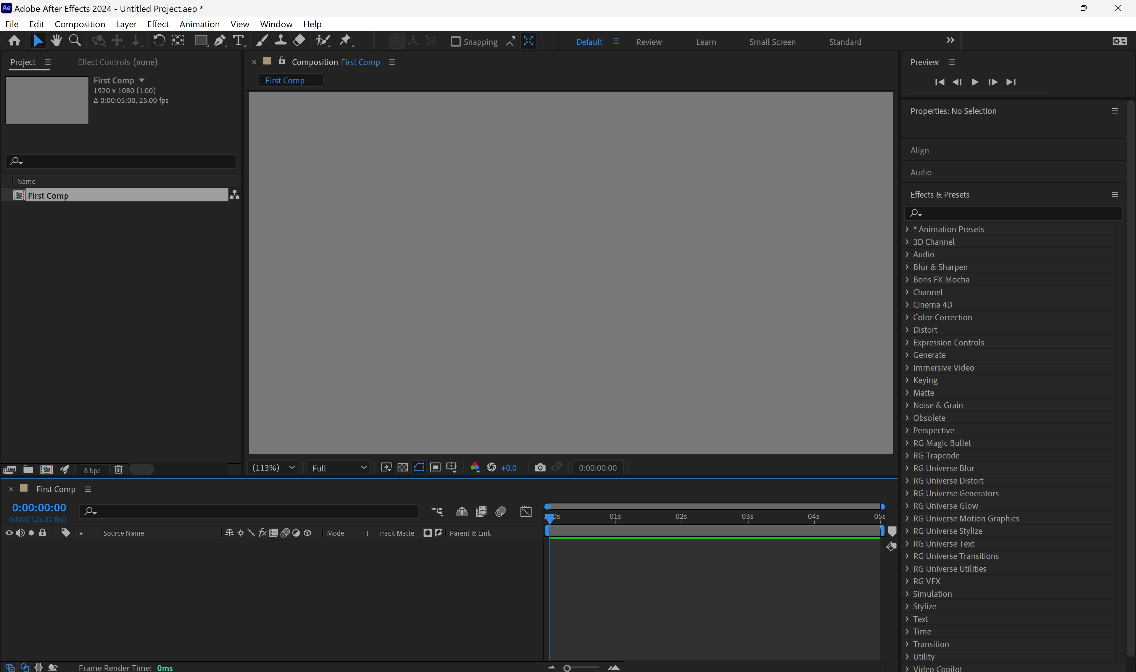 Screenshot of After Effects with after "new comp" composition has been made.