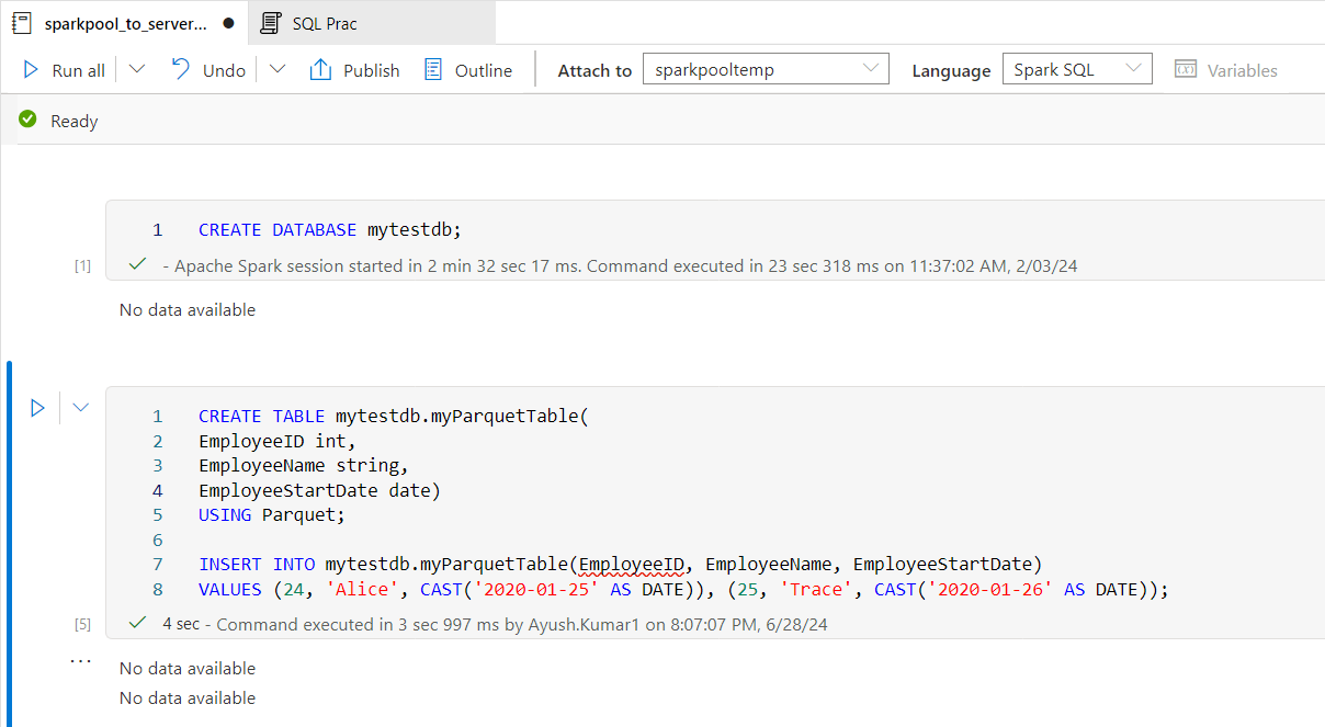 Creating table in Spark Pool