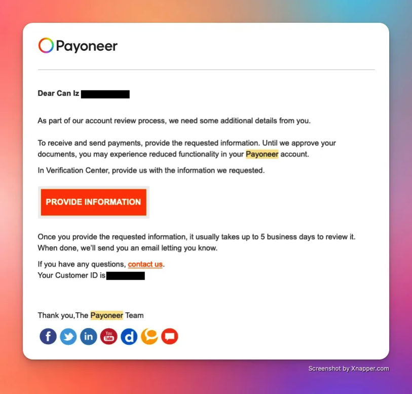 Payoneer Email Response