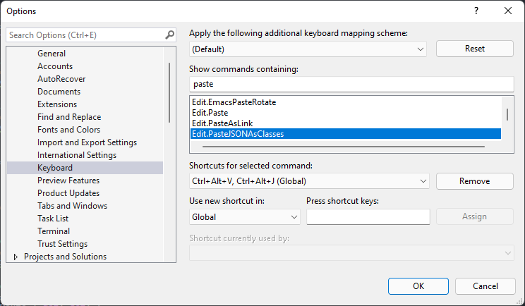 Paste as Class keyboard shortcut