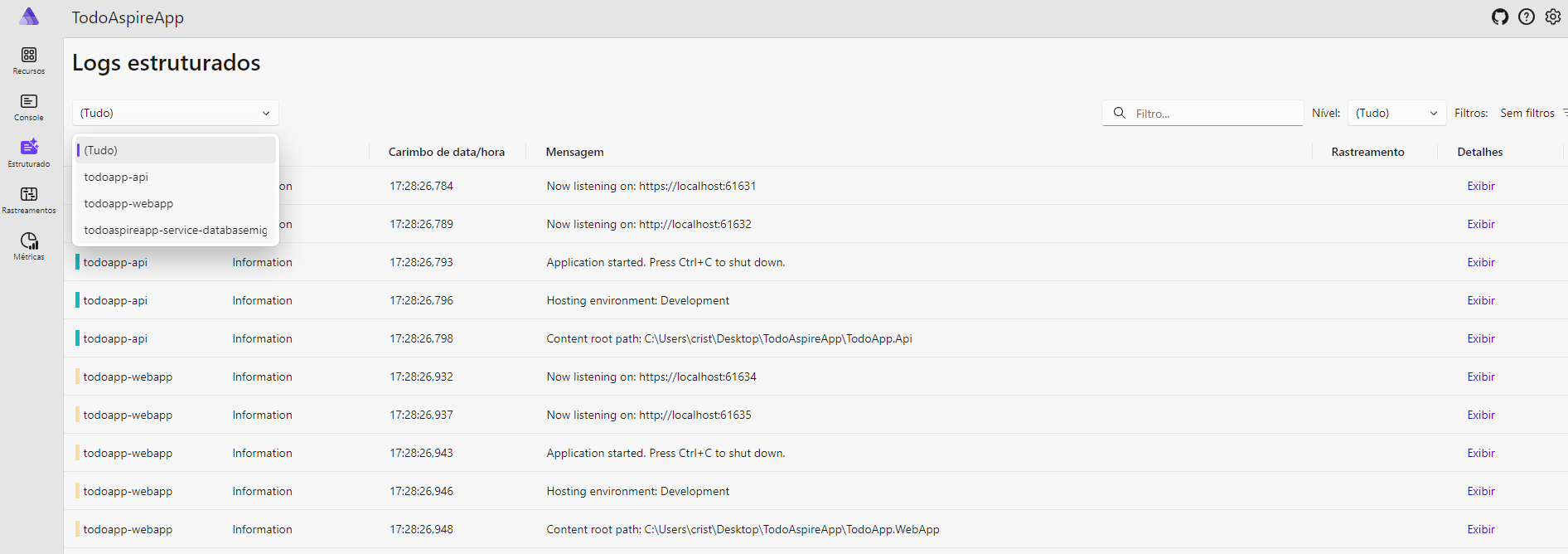 Imagem dos logs estruturados