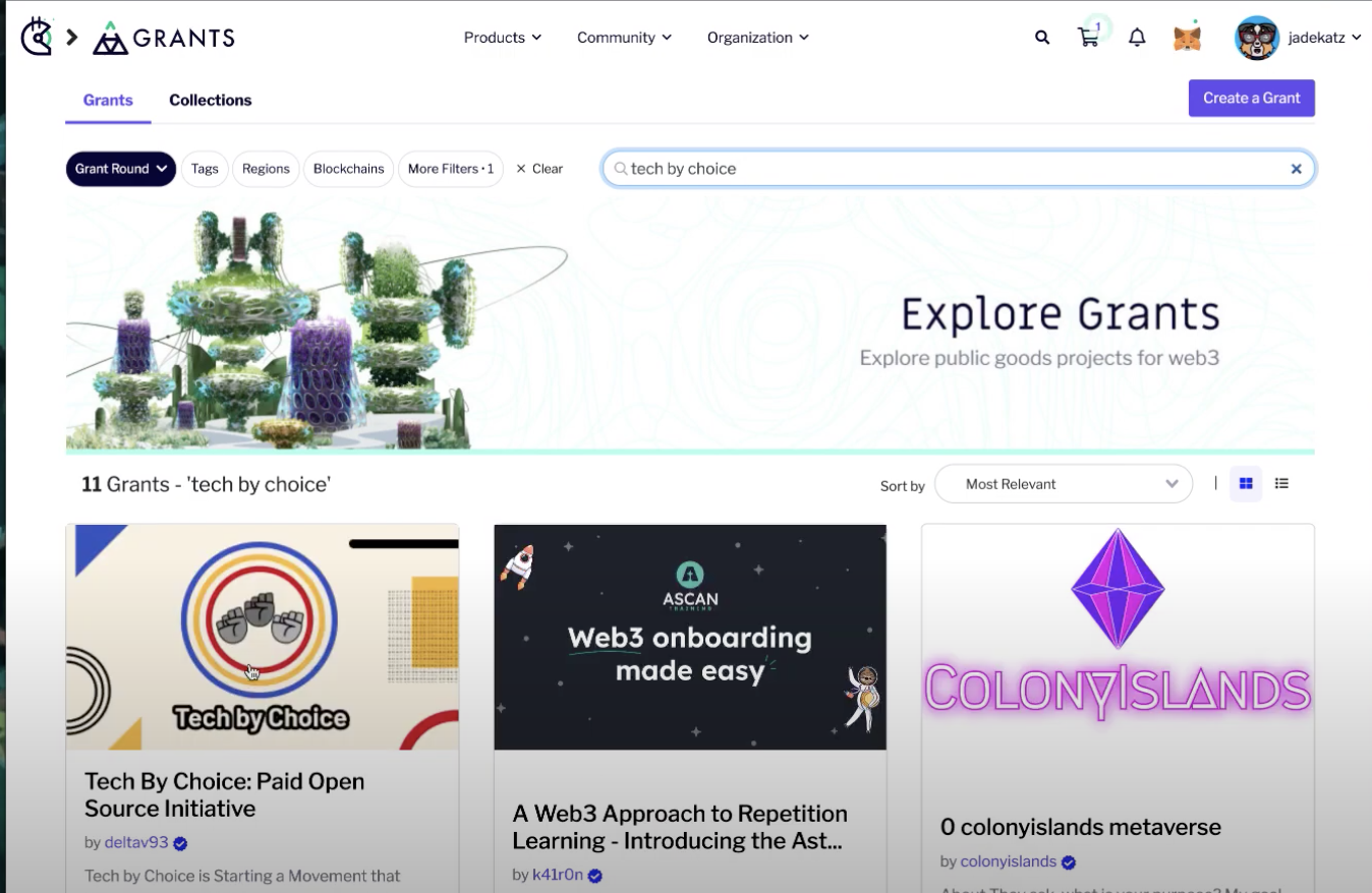 Image showing someone searching for Tech by choice on the Gitcoin grants page