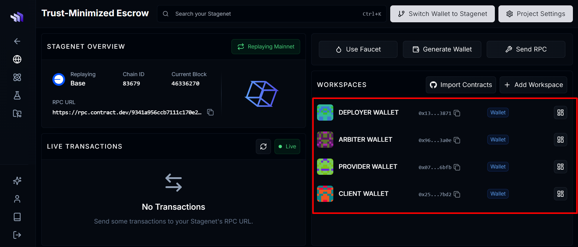 The Wallet Generator showing the 3 distinct addresses and the Client's 100 ETH balance
