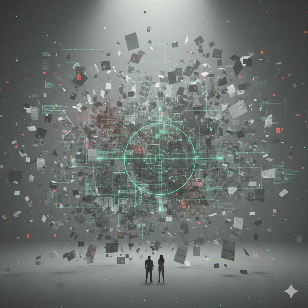 calm digital blueprint overlay on chaotic code fragments, subtle green highlights for pathways, representing structured target model emerging from chaos