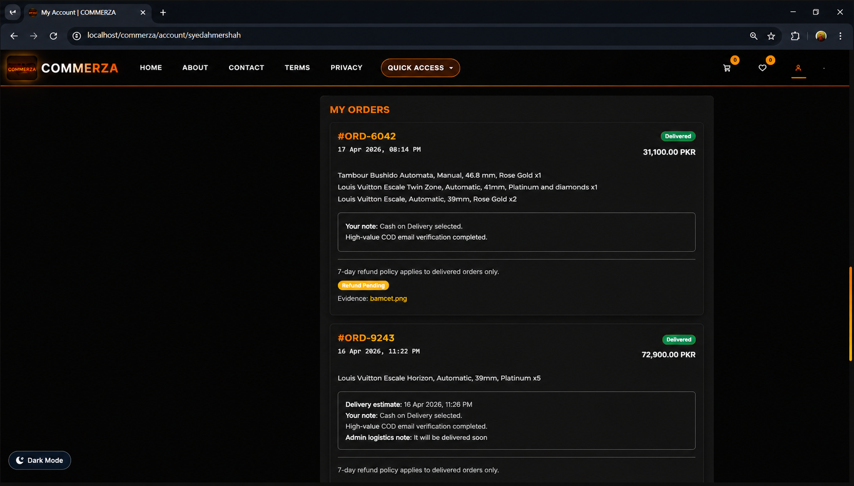 Customer order history dashboard within the Commerza user account profile showing order details, order IDs, and real-time high-value COD email verification status updates.