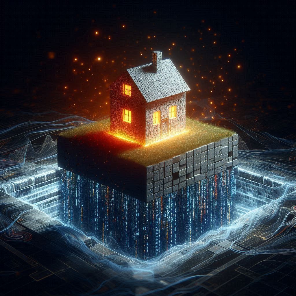 A strong, sturdy foundation made of code blocks, with a house built on top. The foundation is glowing with a warm, inviting light, symbolizing safety and security. The house is made of abstract shapes and lines, representing the complexity of code. In the background, a dark, swirling void represents the dangers of memory errors.