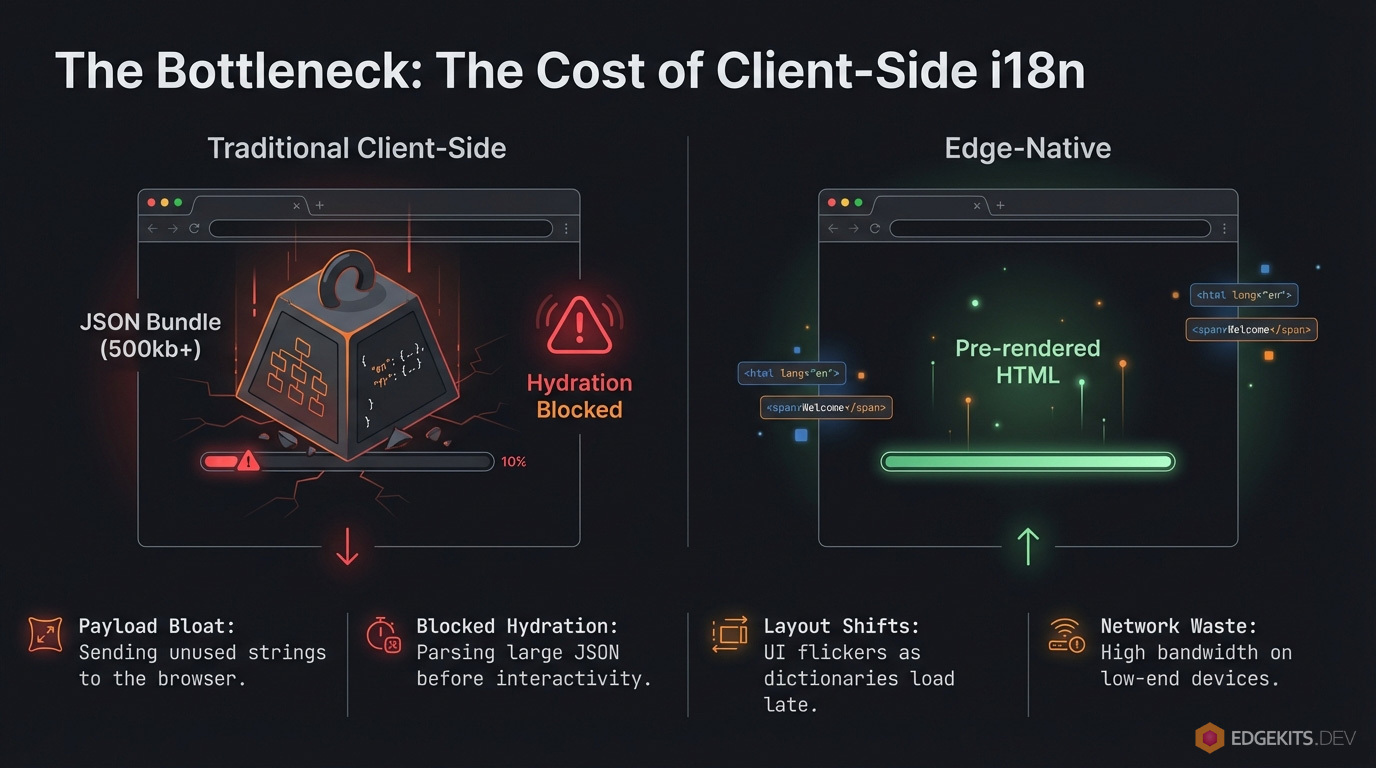 Comparison of traditional client-side JSON bundle bloat versus Edge-Native pre-rendered HTML in Astro