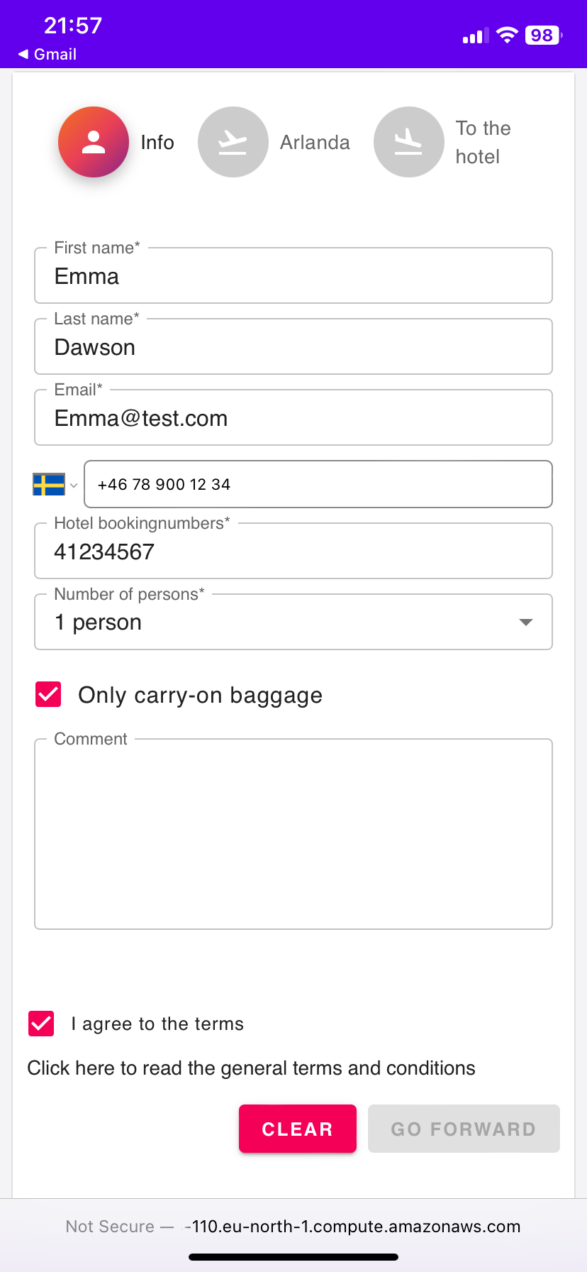 The same input form with fields now filled in and has no visible errors. However, the Go Forward button is still disabled