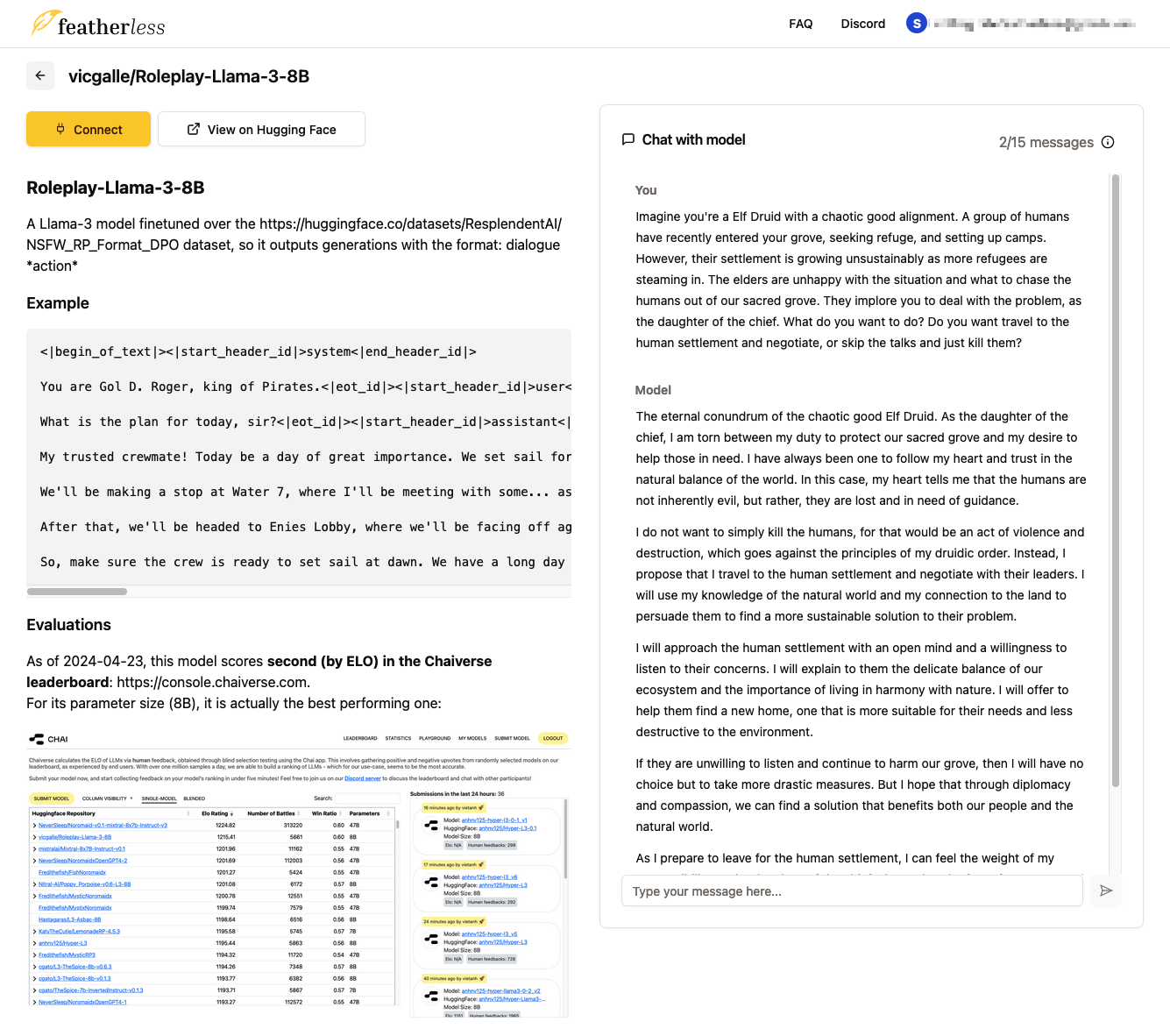 Chatting with roleplay-llama-3