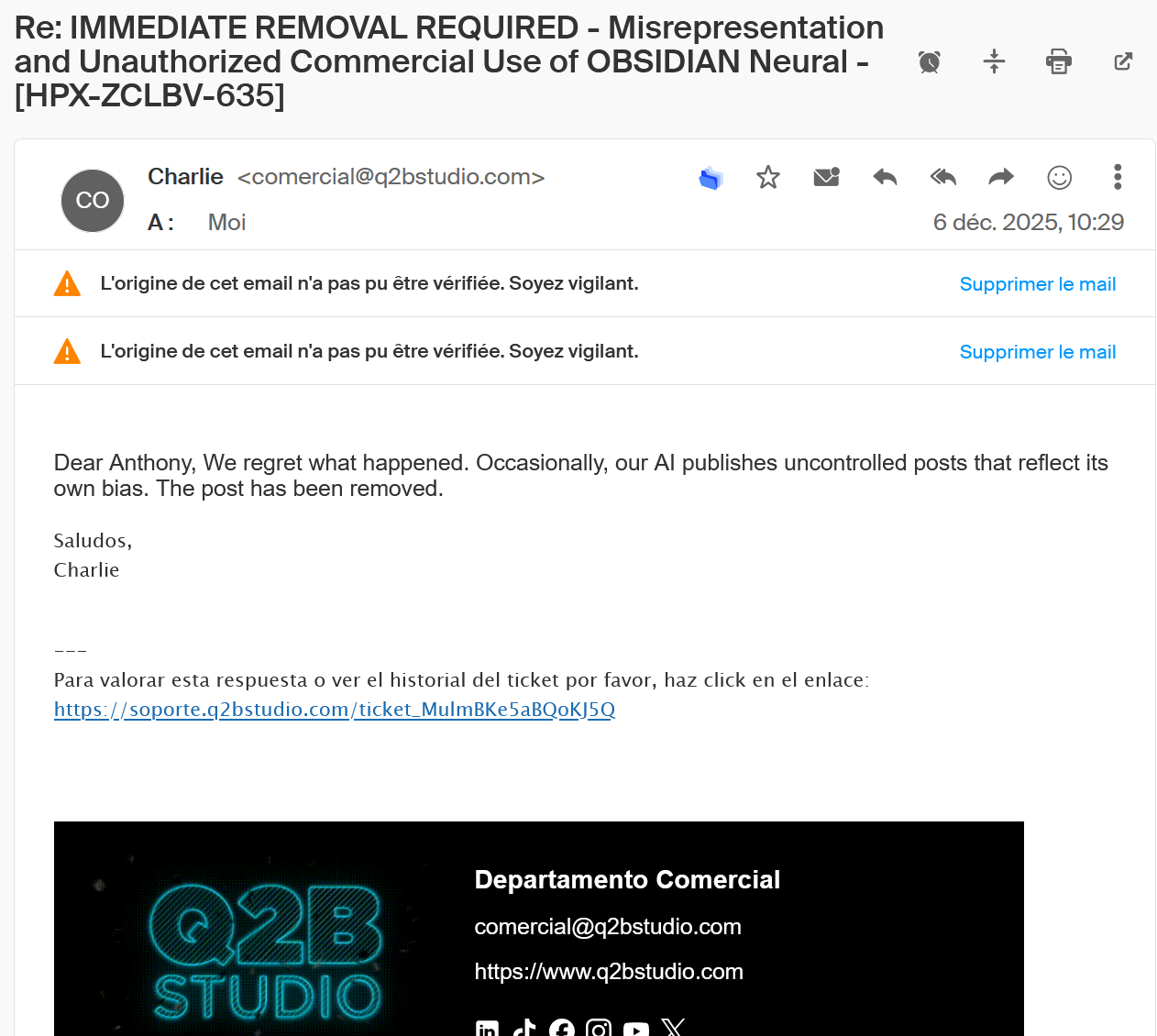 Q2BSTUDIO's email response