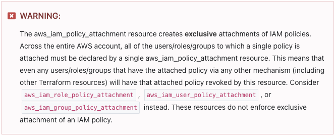 "Terraform documentation for iam_policy_attachment with a warning that this resource creates exclusive attachments of IAM policies