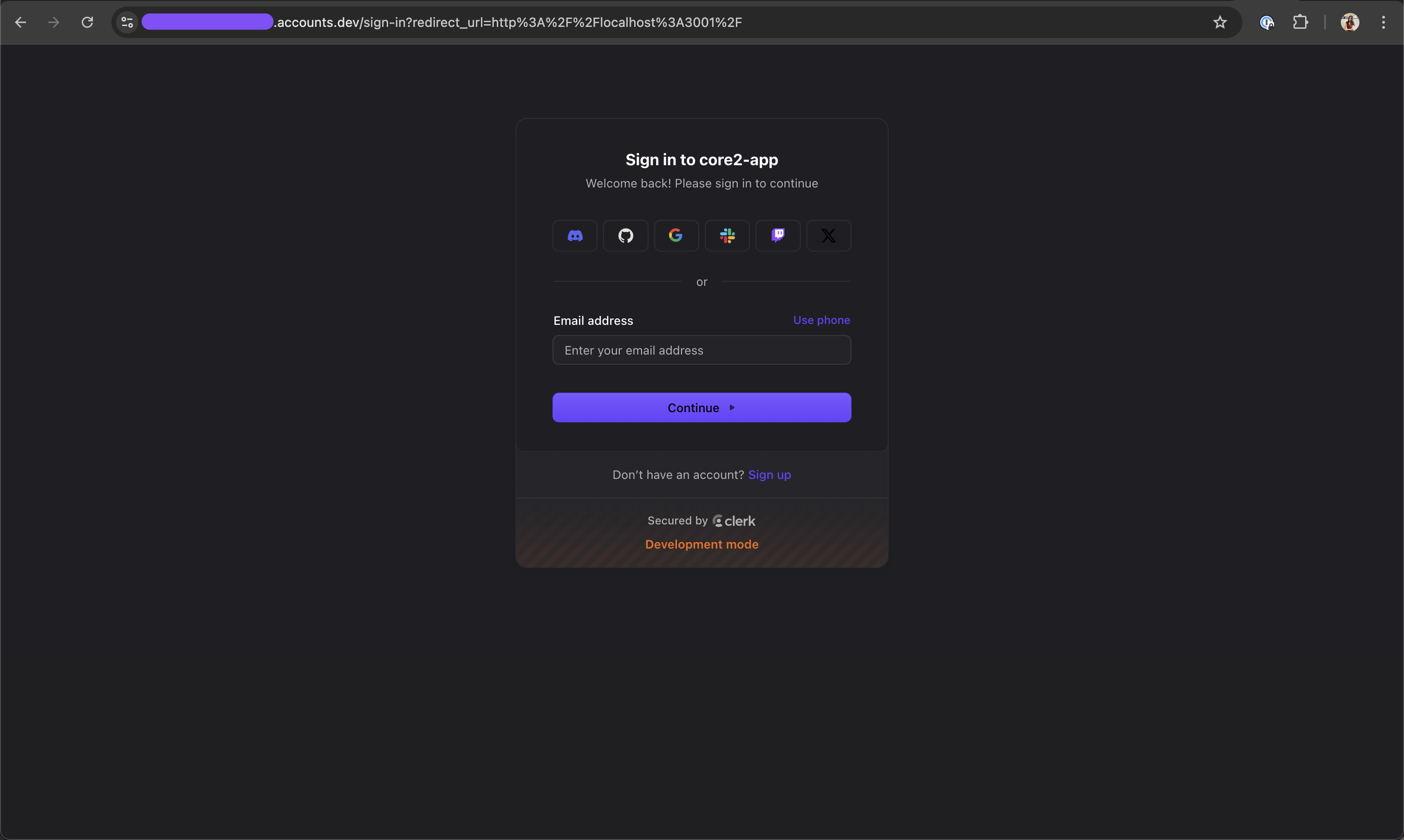A Clerk Account Portal sign-in page.