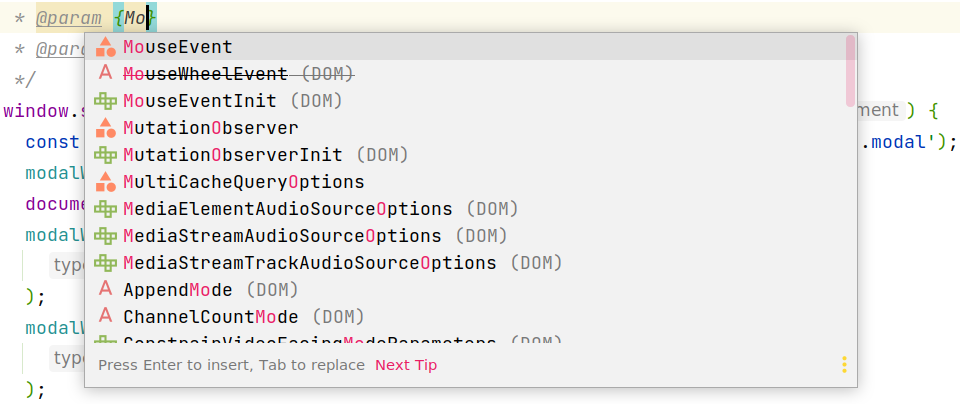 Screenshot showing a dropdown with suggested type annotations