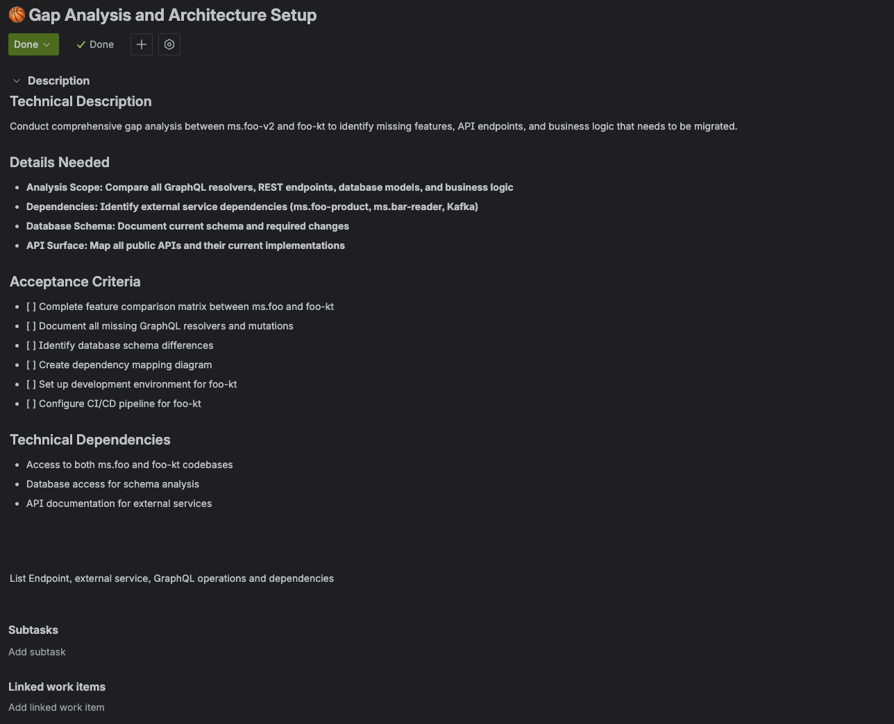 Jira ticket created with generic description, generated in a bundle with several tasks