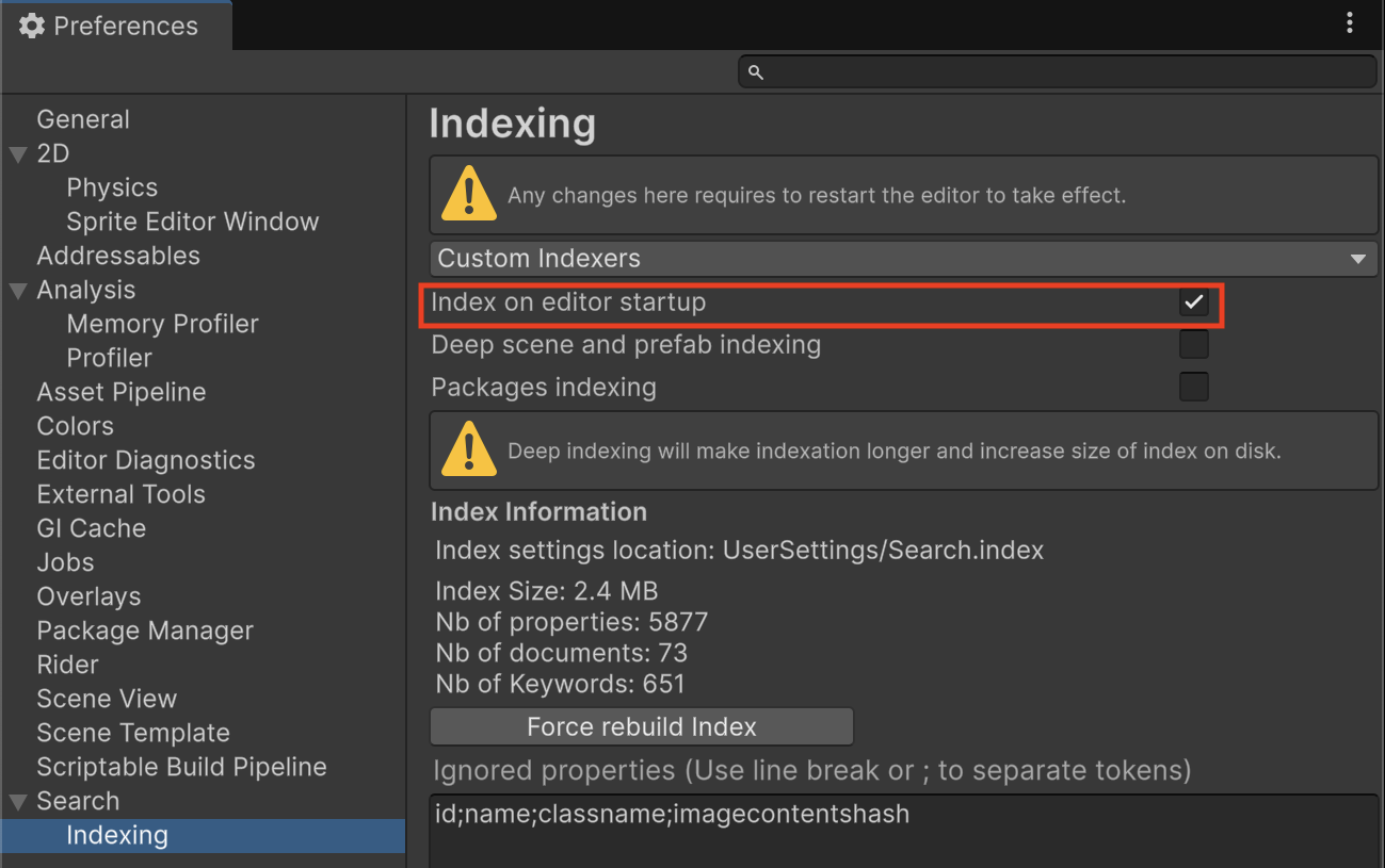 Search Indexing preferences