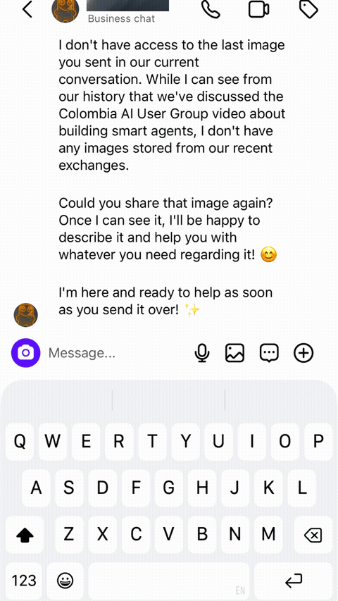 AI agent on Instagram recognizing a user by name and recalling images and videos shared on WhatsApp through cross-channel memory