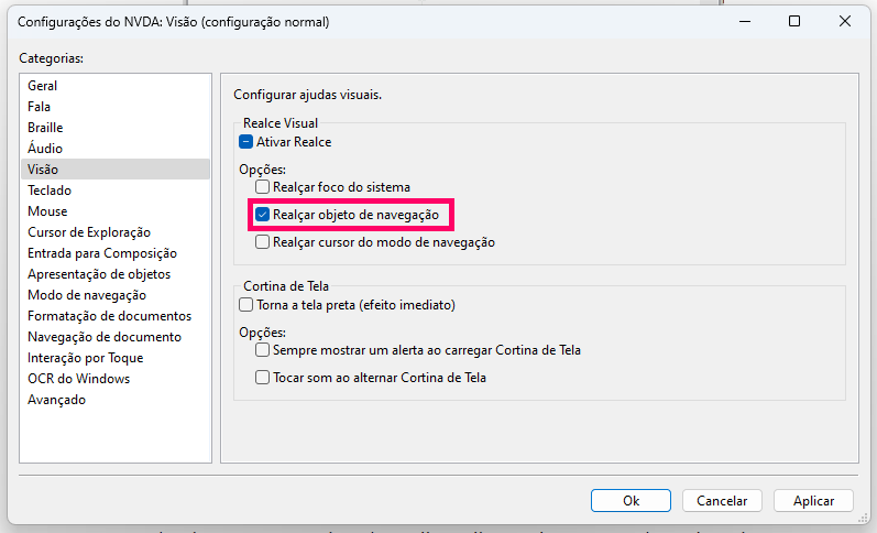 Indicação de onde fica a configuração "Realçar objeto de navegação"