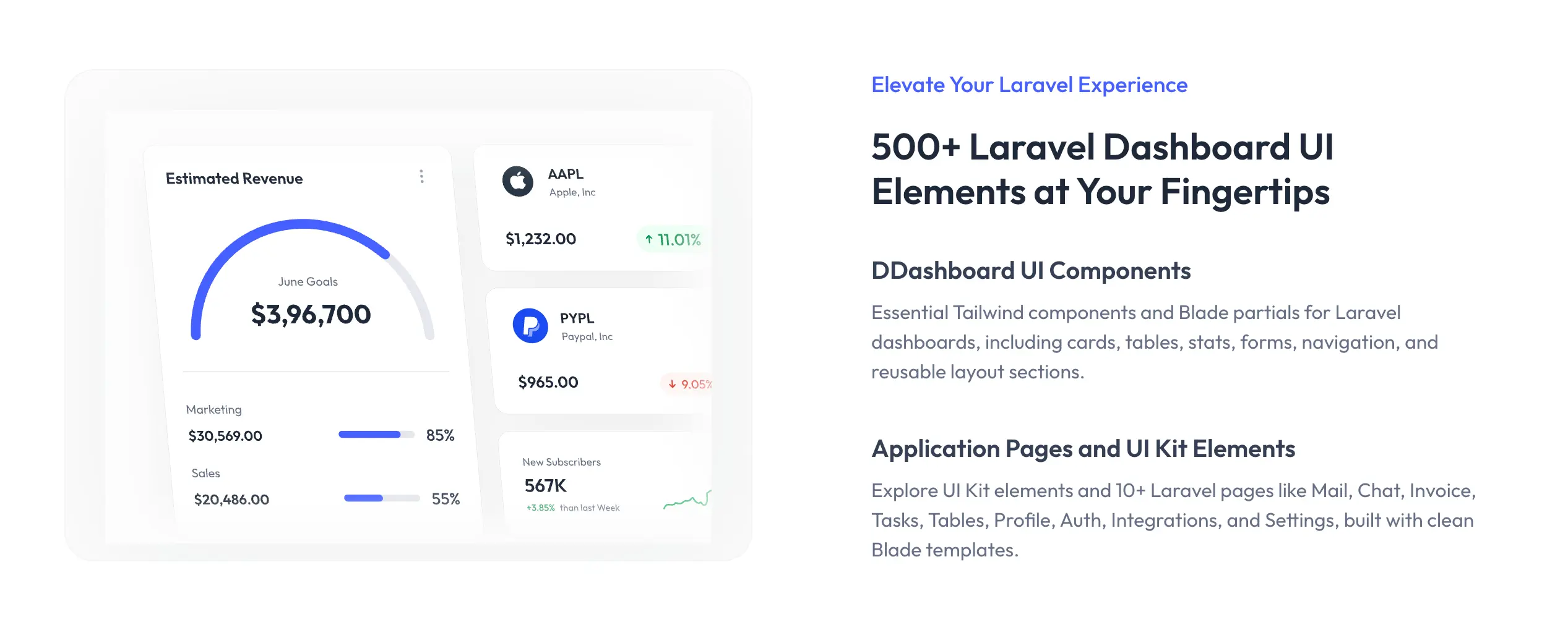500+ Laravel UI 컴포넌트 및 대시보드 요소