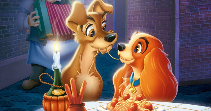 Filme a dama e o vagabundo, com os cães comendo um mesmo pedaço de espaguete