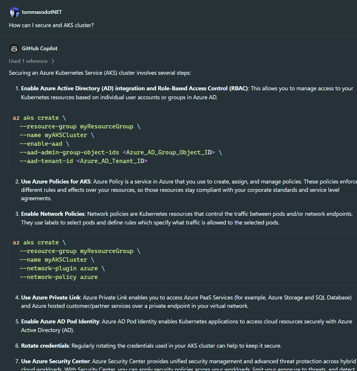 Copilot provides architectural information on how to secure an AKS cluster