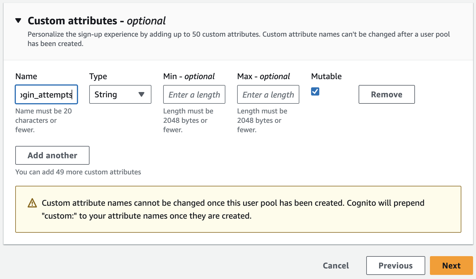 Custom attribute on cognito wizard