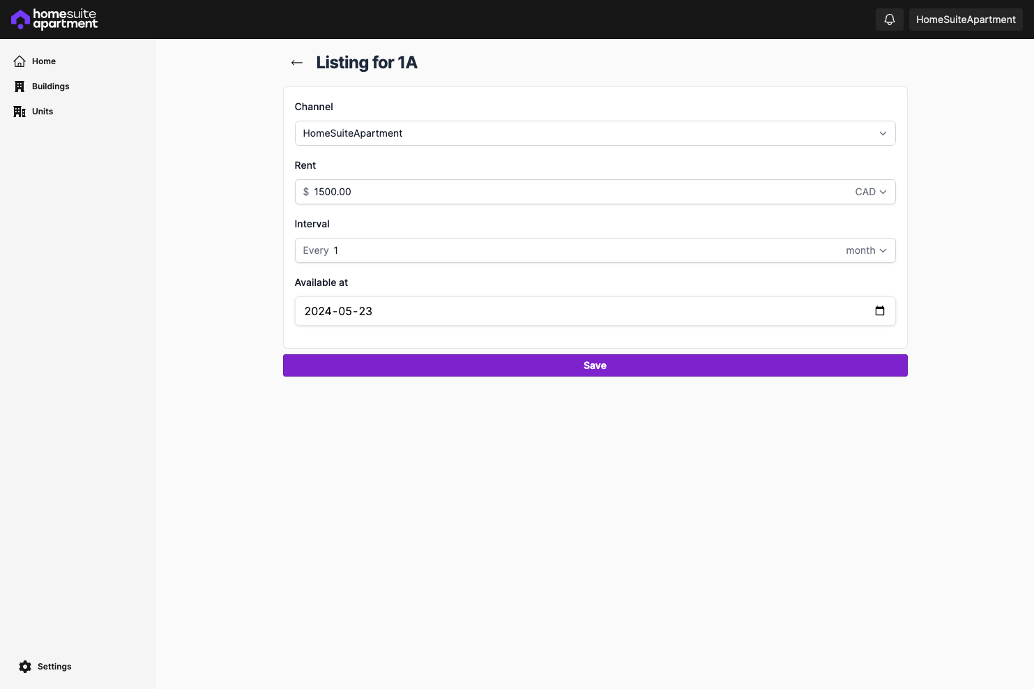 Unit listing show page, from the admin
