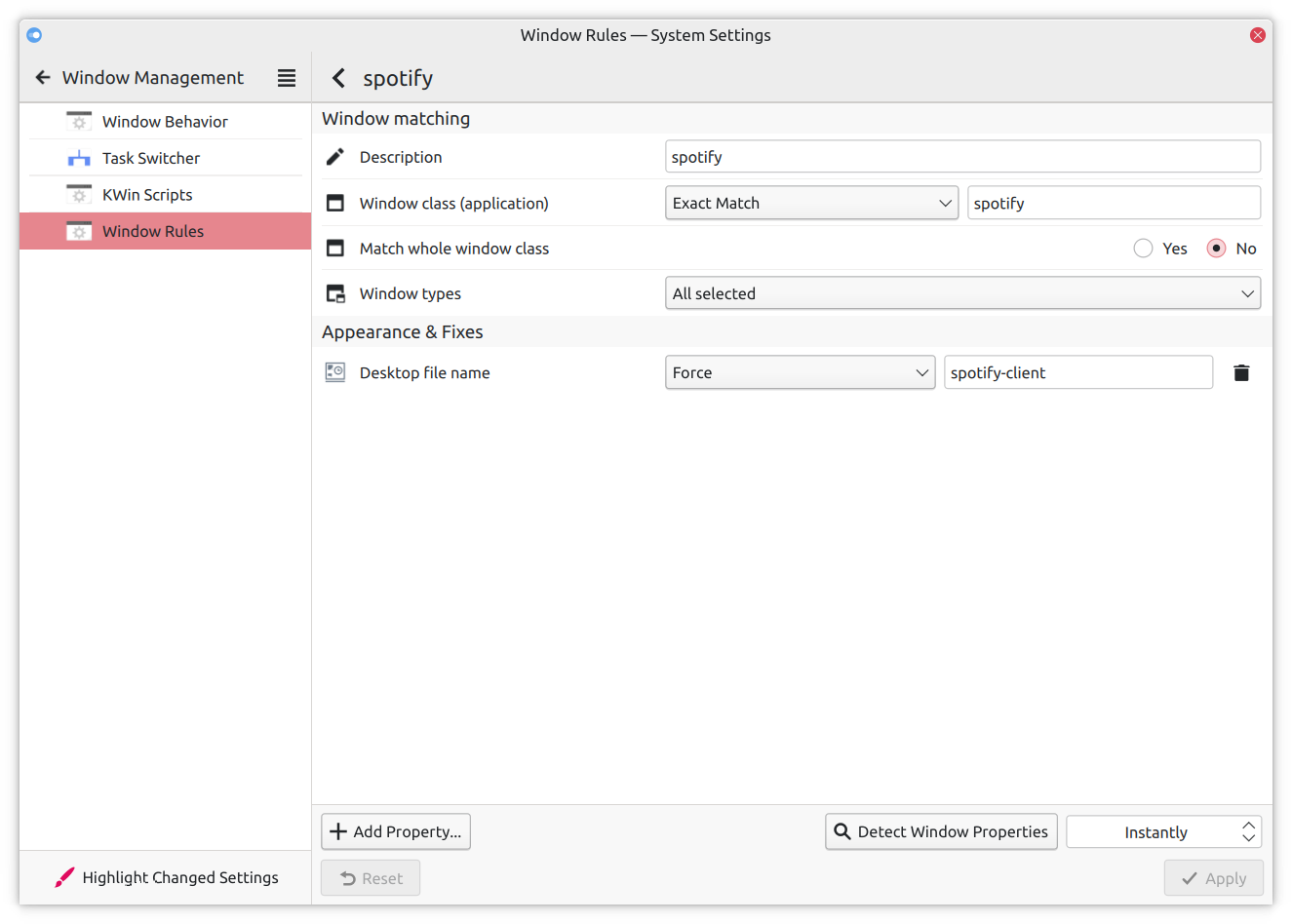 A screenshot showing the Window Rules dialog with the settings as described in the paragraph above.