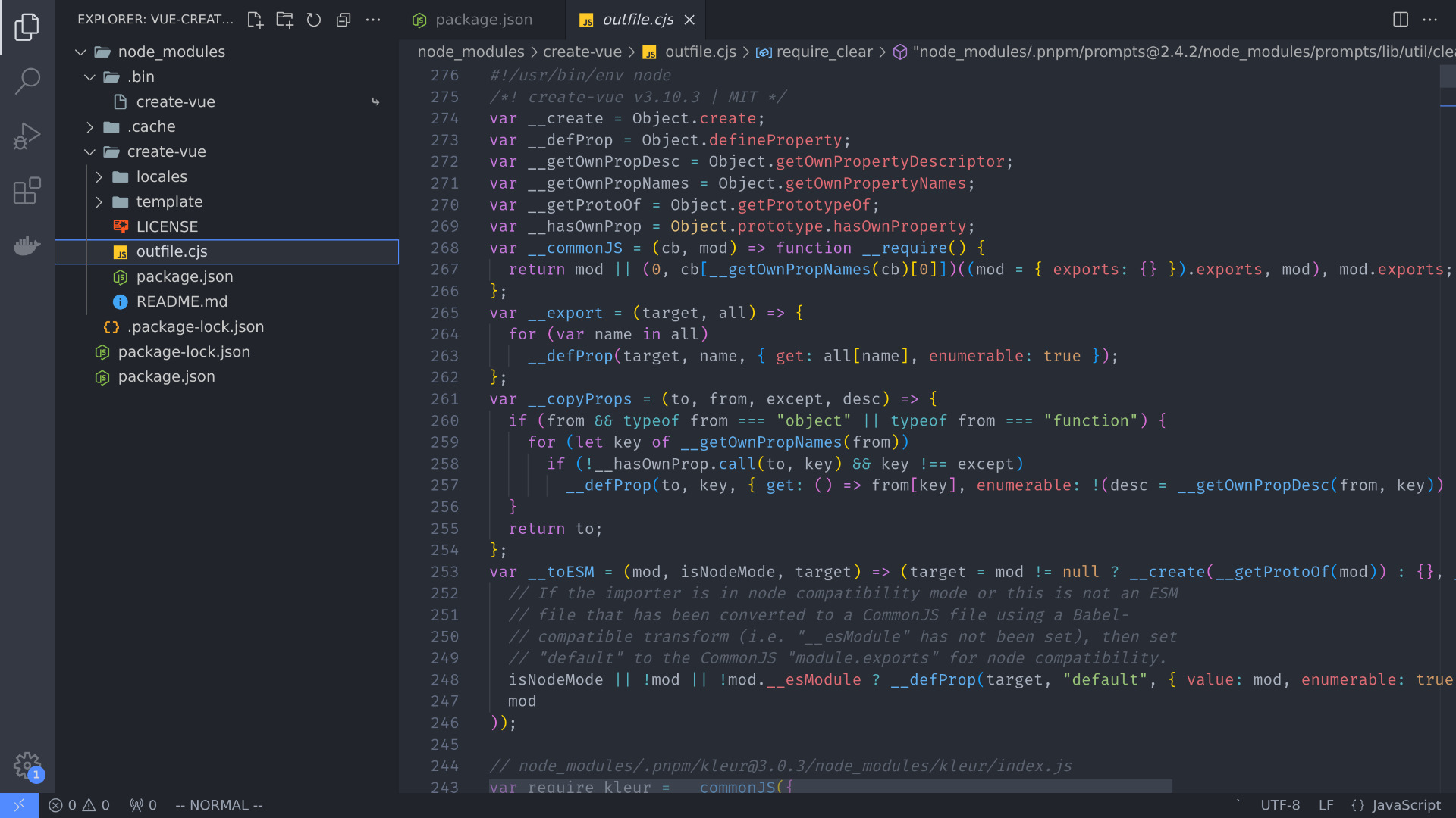 screenshot displays the file 'outfile.cjs' inside the 'create-vue' package
