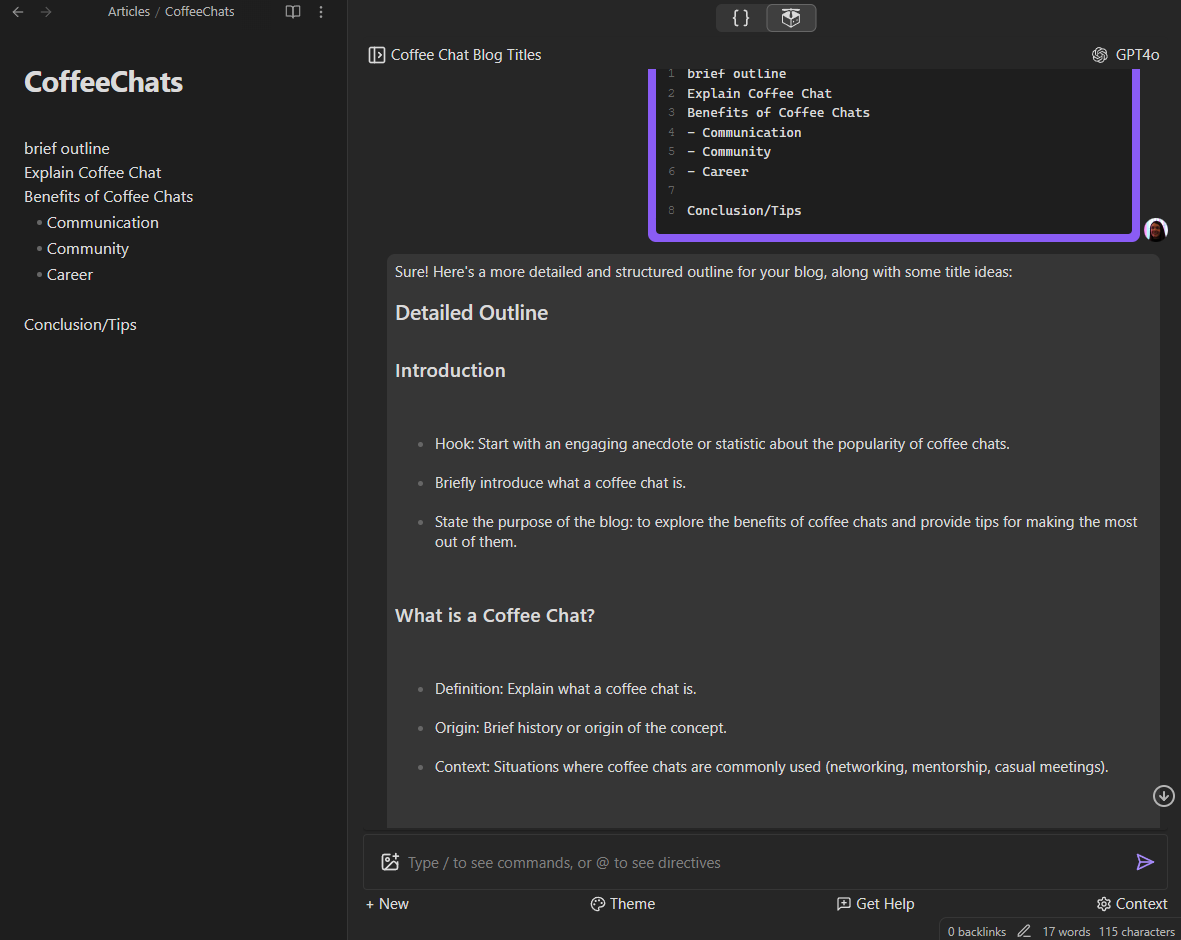 Screenshot of the new outline Pieces generated
