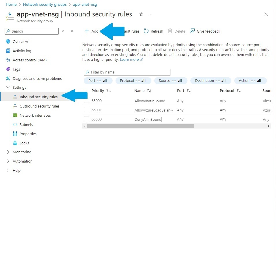 Adding an Inbound security rule