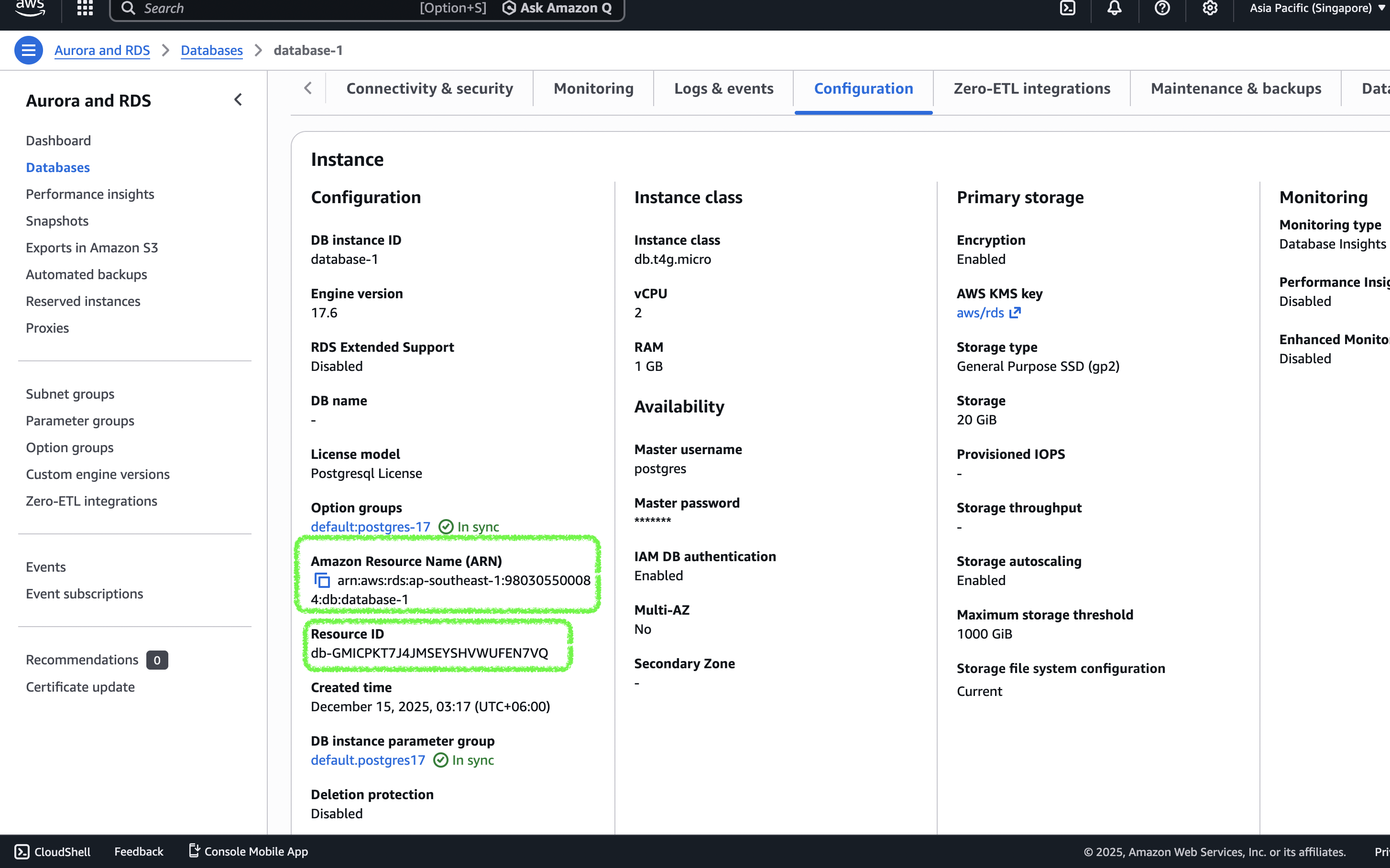 DB ARN and resource ID
