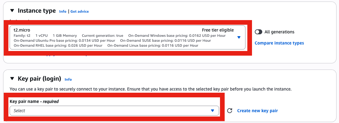 Choose t2.micro instance type and create key pair