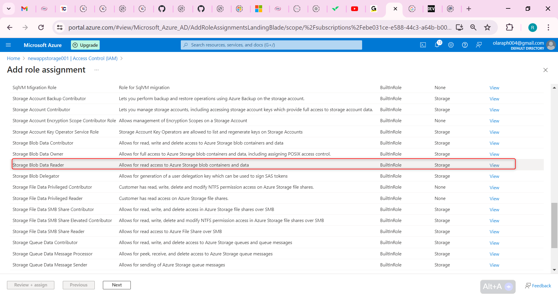 select the Storage Blob Data Reader role