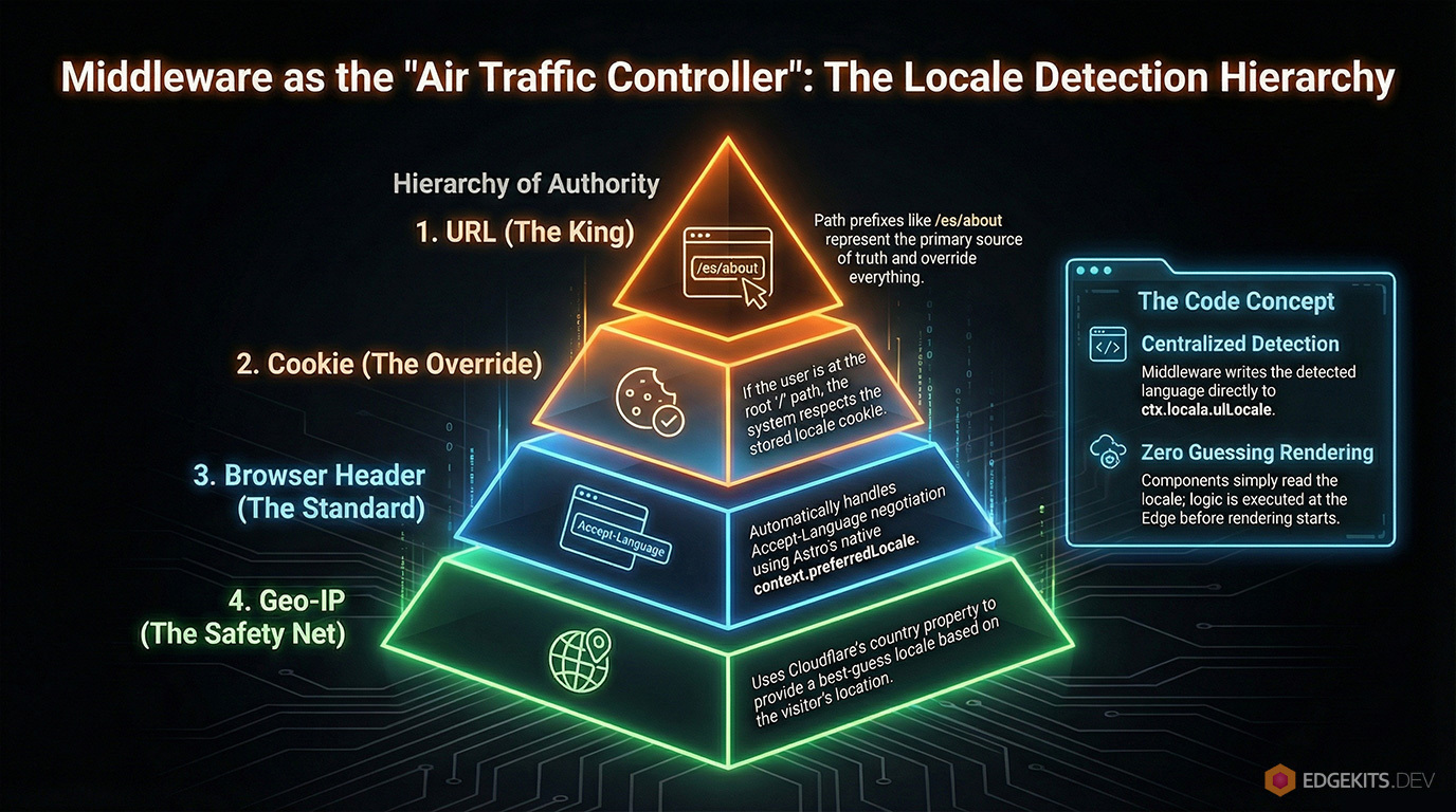 Locale detection hierarchy pyramid showing URL, Cookie, Accept-Language header, and Geo-IP prioritization in Astro middleware