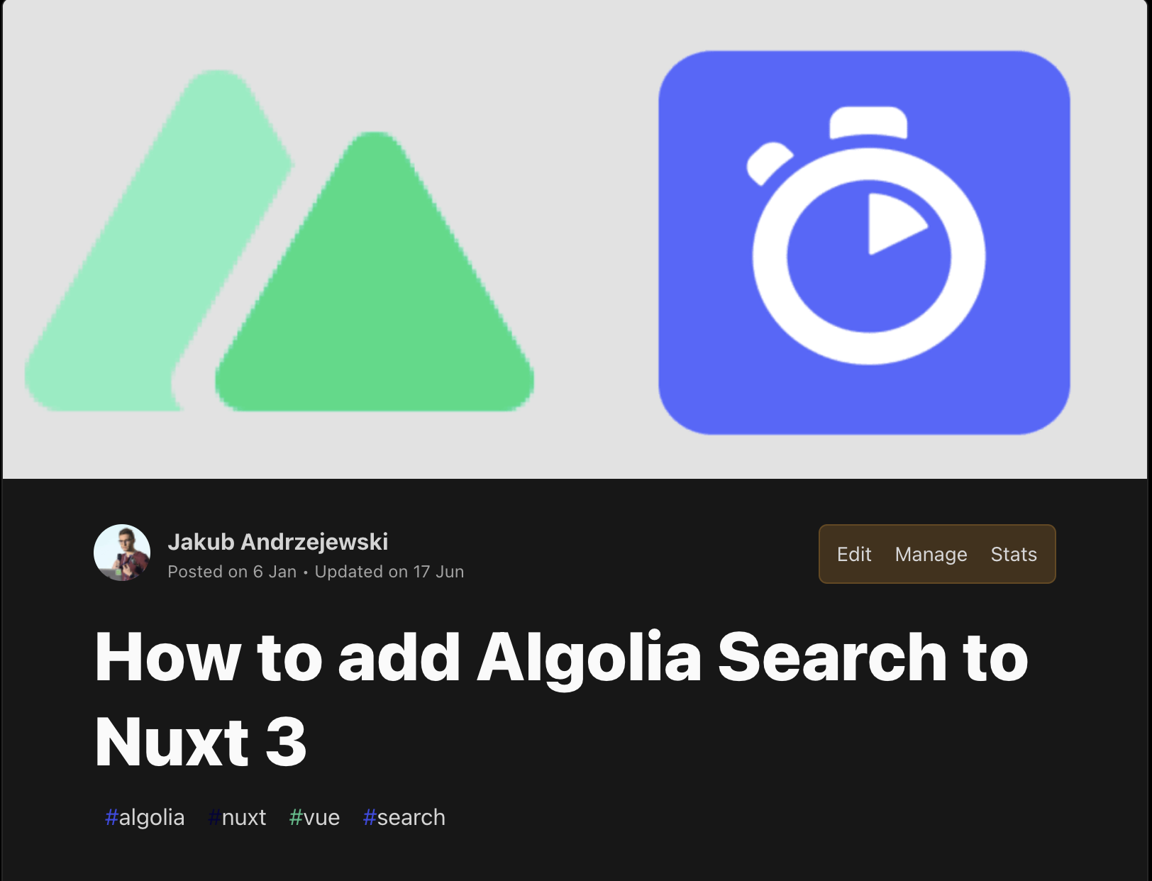 Article in Dev.to about Algolia module for Nuxt 3
