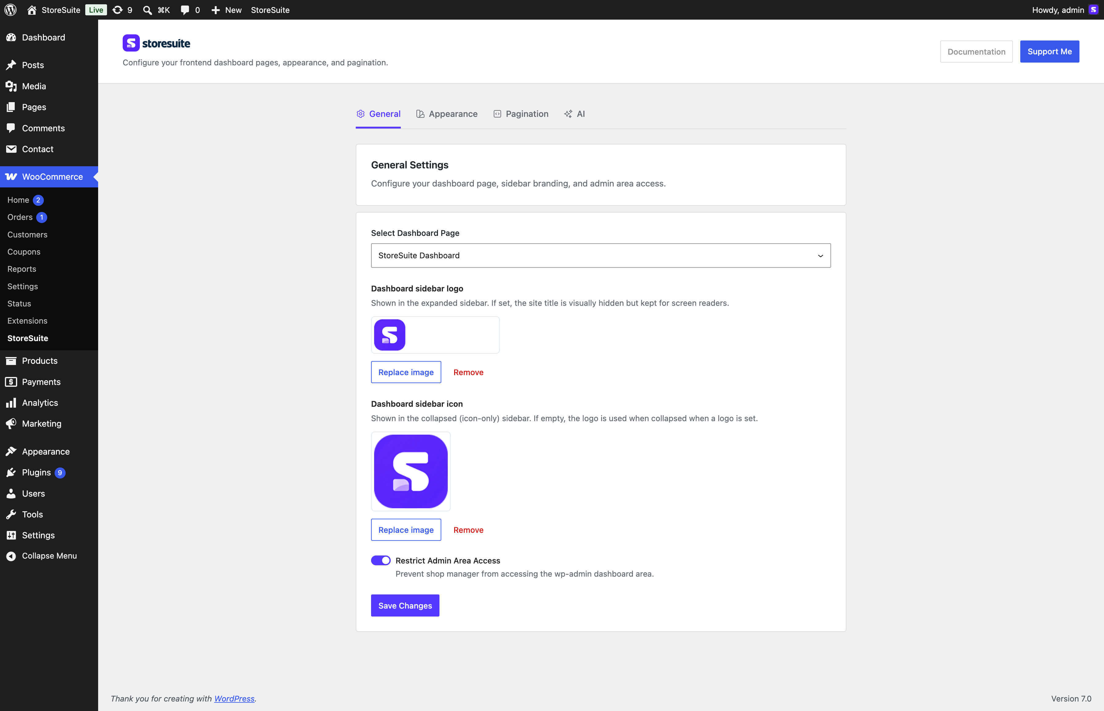 StoreSuite admin settings