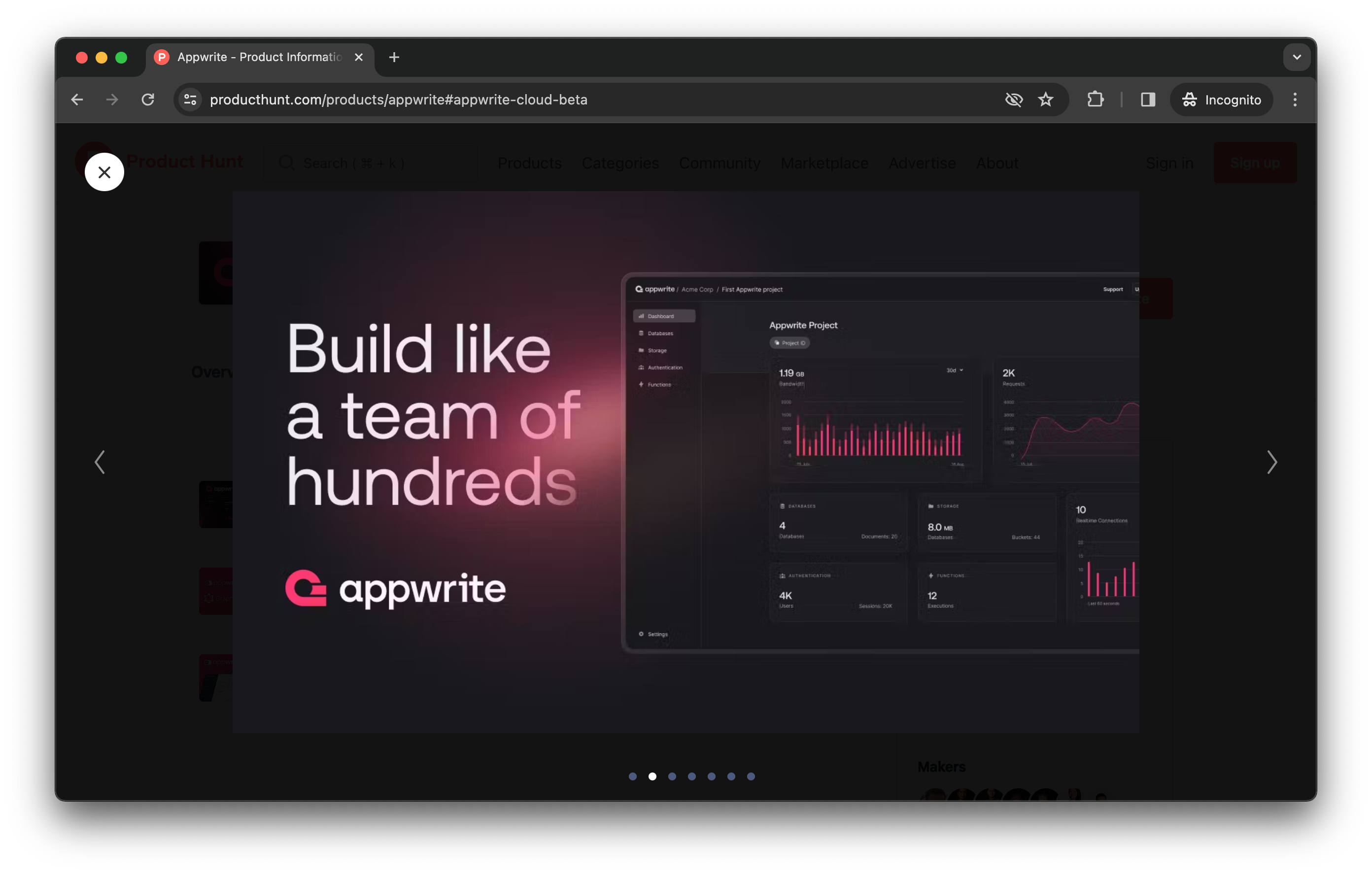 Appwrite shows the product.