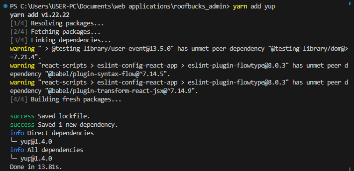 Installing Yup with yarn