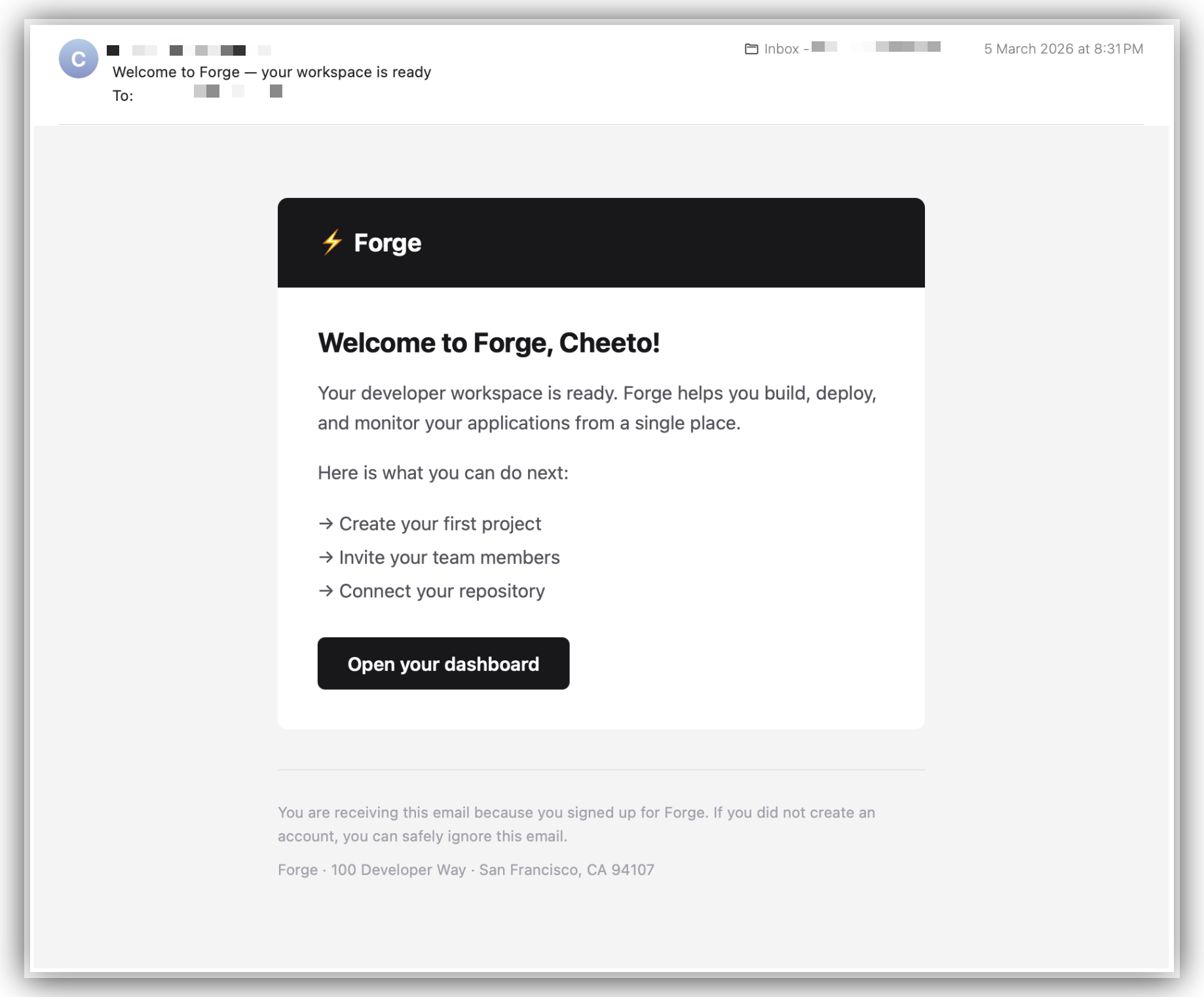 Welcome email from Sample App