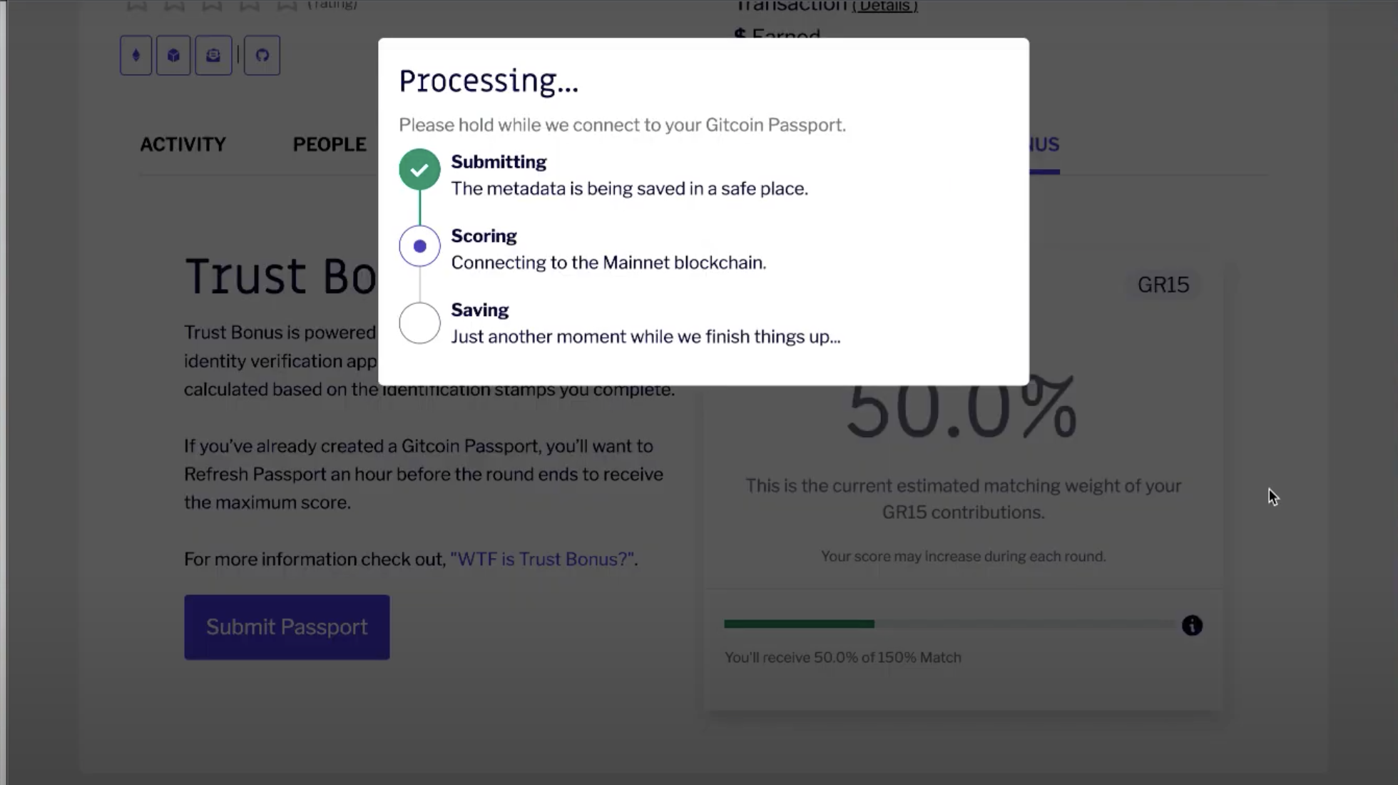 Image of website that's connecting wallet to update passport score