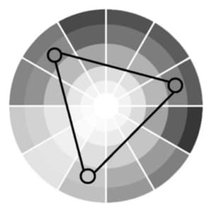 A grayscale color wheel, with an equilateral triangle overlayed on top of it, showing the relationship between 3 colors