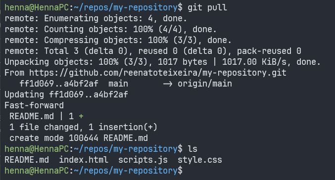 Linux 終端機執行「git pull」命令的螢幕截圖，使用遠端儲存庫中的新變更更新本機儲存庫。