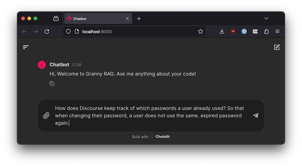 A screenshot of the chat UI when entering the question