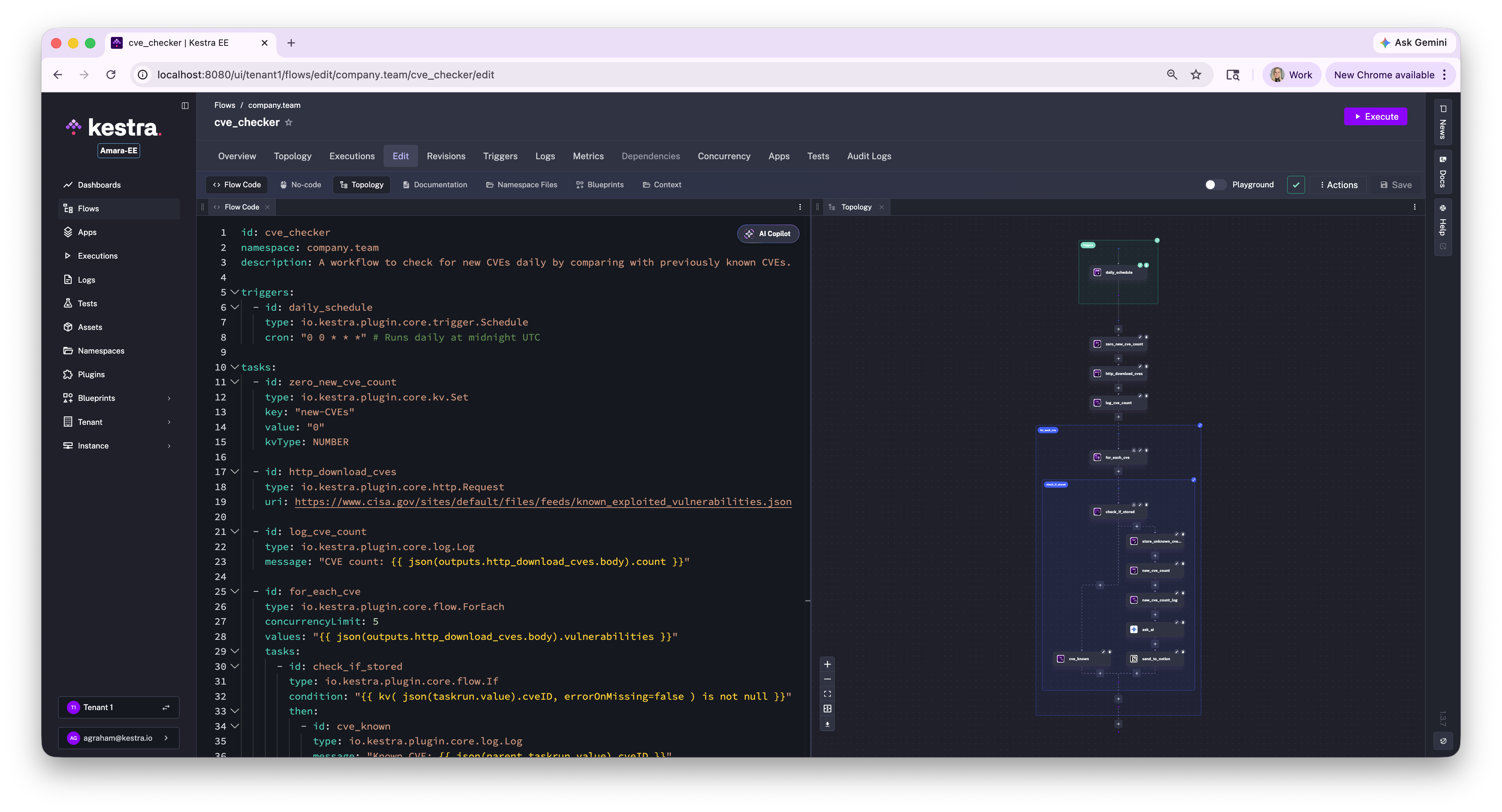 The Kestra flow code editor and topology panels open to show the completed (for now) demo
