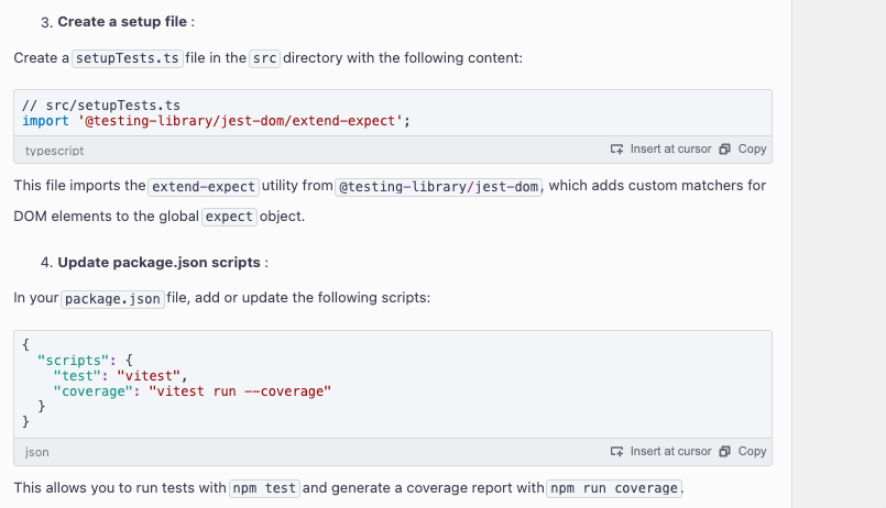 Steps 3-4 from Amazon Q prompt asking what the steps are to setup Vitest in this project.