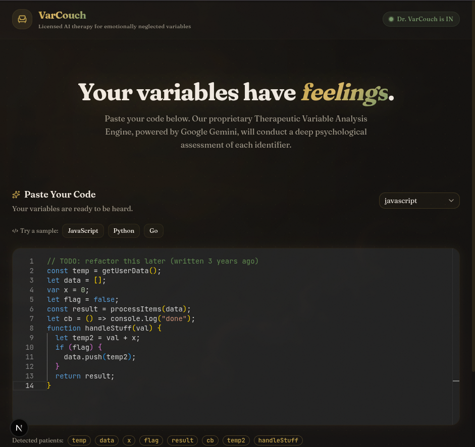 VarCouch homepage with the tagline "Your variables have feelings" and a code editor waiting for patients