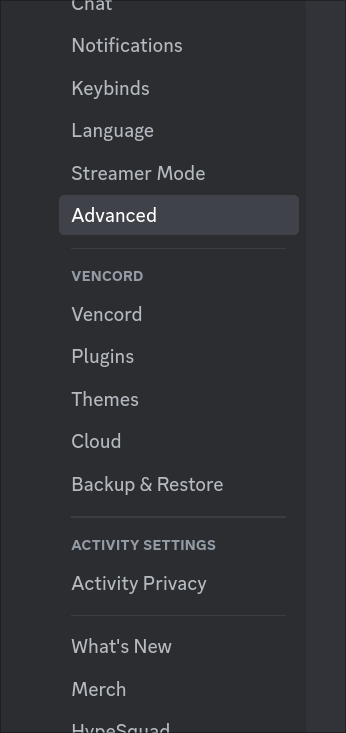 Screenshot of the Vencord section of the Discord settings