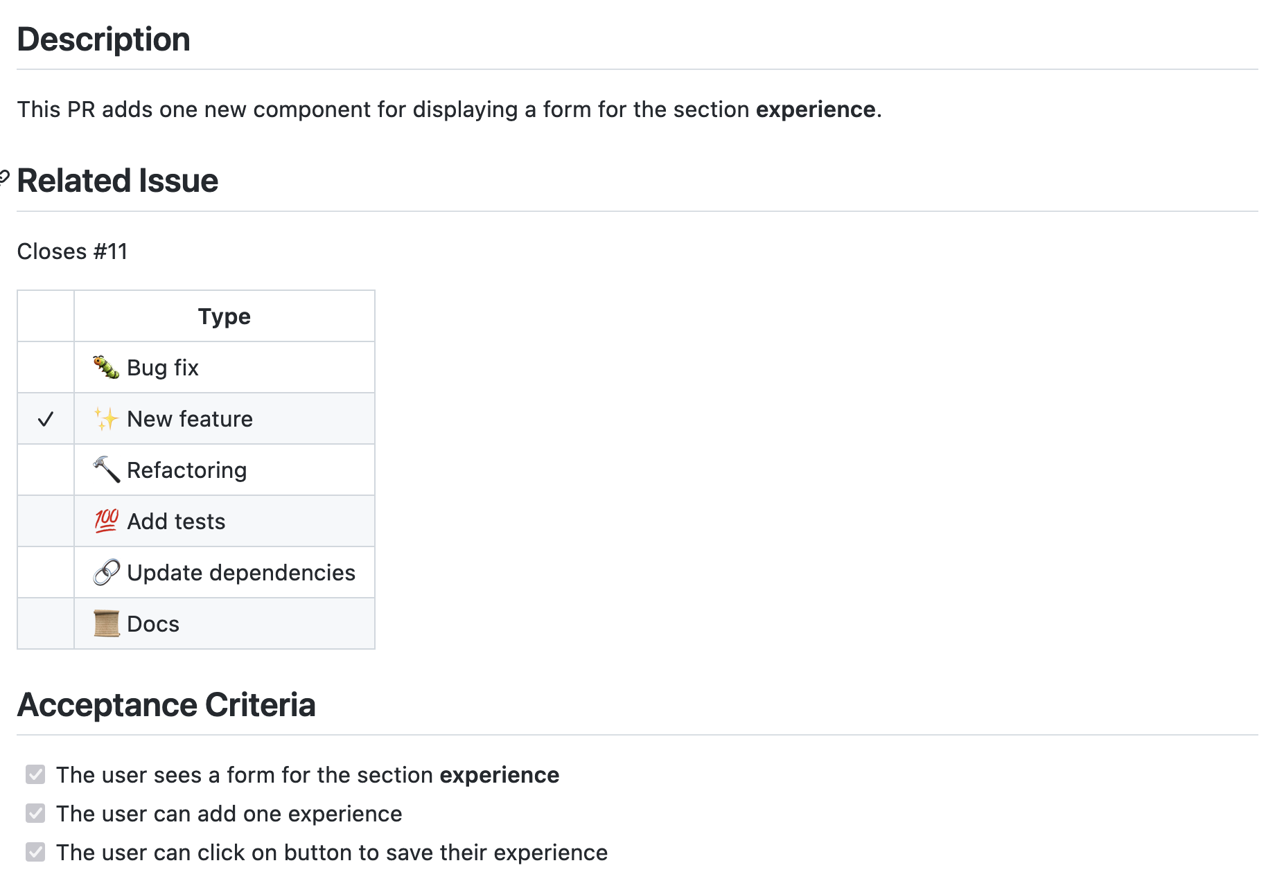 Pull request showing its description, which issue it will close and which acceptance criteria are fulfilled.