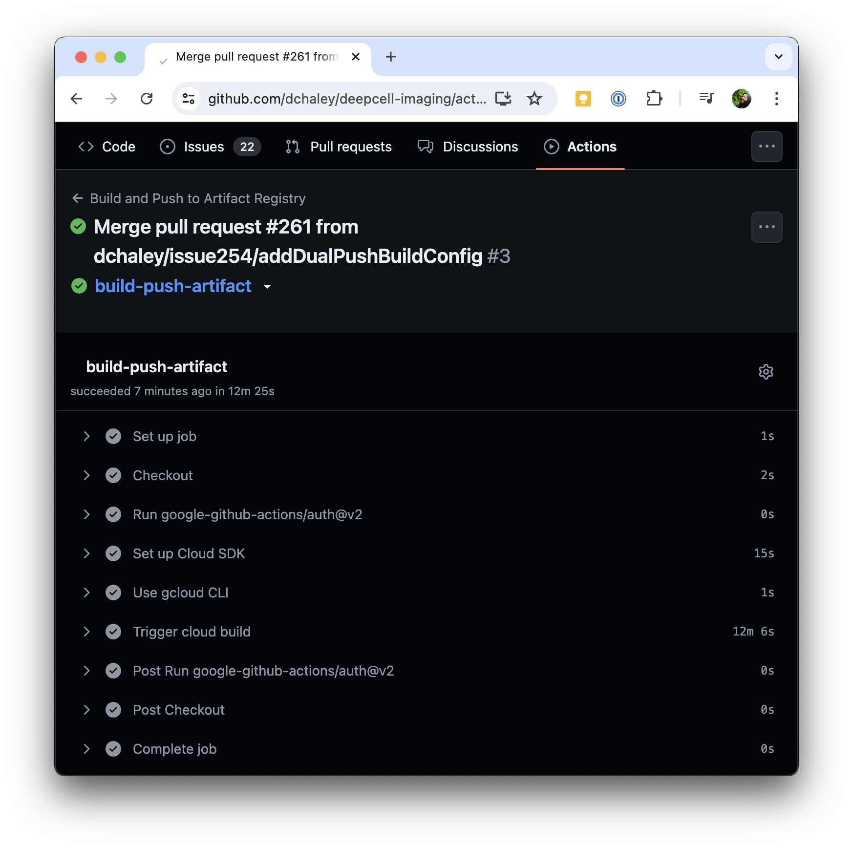 Screenshot of the GitHub actions showing a completed build taking ~12.5min